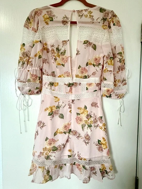 For Love & Lemons Silk Floral Mini Dress - Lace, Buttons, Puff Sleeves - XS - Picture 4 of 10